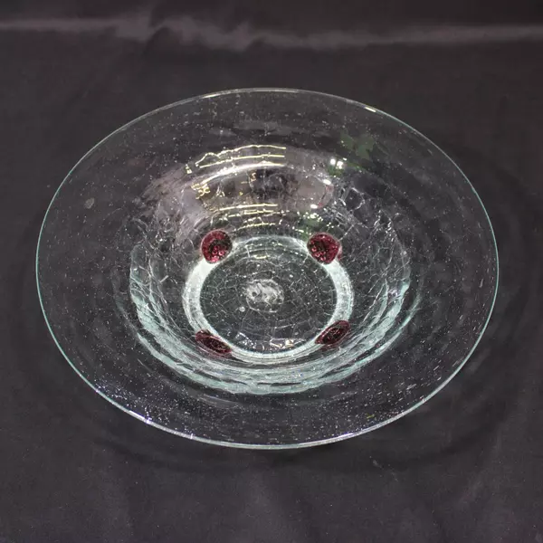 Hand Blown Crackled Art Glass Bowl 11 Inch Purple Berries Base Decor