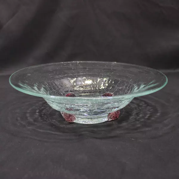 Hand Blown Crackled Art Glass Bowl 11 Inch Purple Berries Base Decor