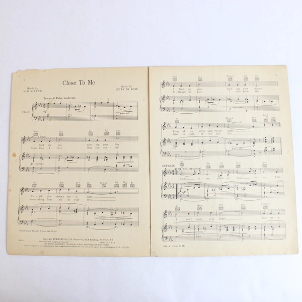Close To Me by Sam Lewis & Peter De Rose 1936 Sheet Music T.B. Harms