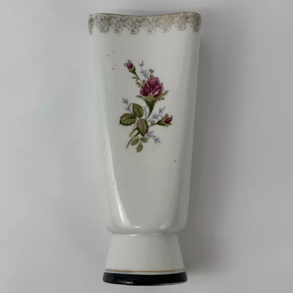 Vintage UCAGCO Mid-Century Porcelain Vase Pink Roses Gold Trim V78