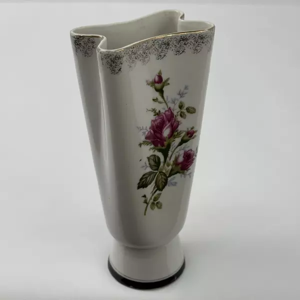 Vintage UCAGCO Mid-Century Porcelain Vase Pink Roses Gold Trim V78