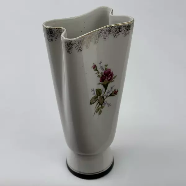 Vintage UCAGCO Mid-Century Porcelain Vase Pink Roses Gold Trim V78