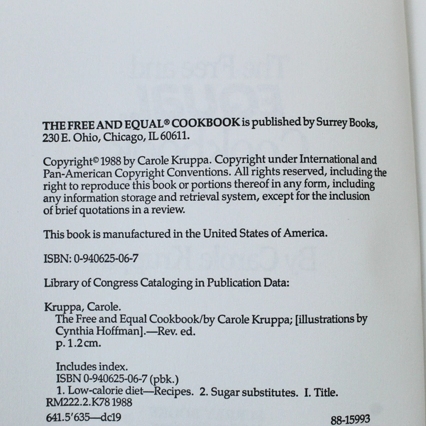The Free and Equal Cookbook by Carole Kruppa, 1988, Paperback