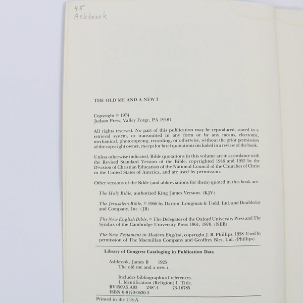 The Old Me And A New I by James B. Ashbrook (1974 Judson Press Paperback)