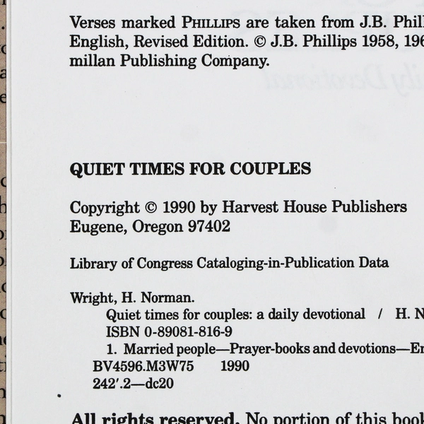 Quiet Times for Couples by H Norman Wright 1990 Hardcover DJ Ex-Library Book