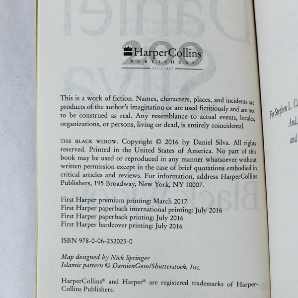 Gabriel Allon: The Black Widow by Daniel Silva, 2017 HarperCollins Paperback