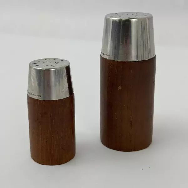 Vintage Des H. Decker Wood And 18/8 Stainless Salt Pepper Shakers Sweden
