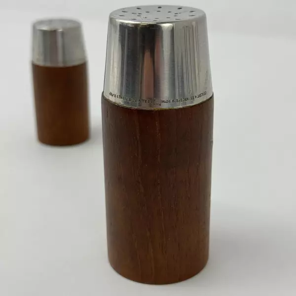 Vintage Des H. Decker Wood And 18/8 Stainless Salt Pepper Shakers Sweden