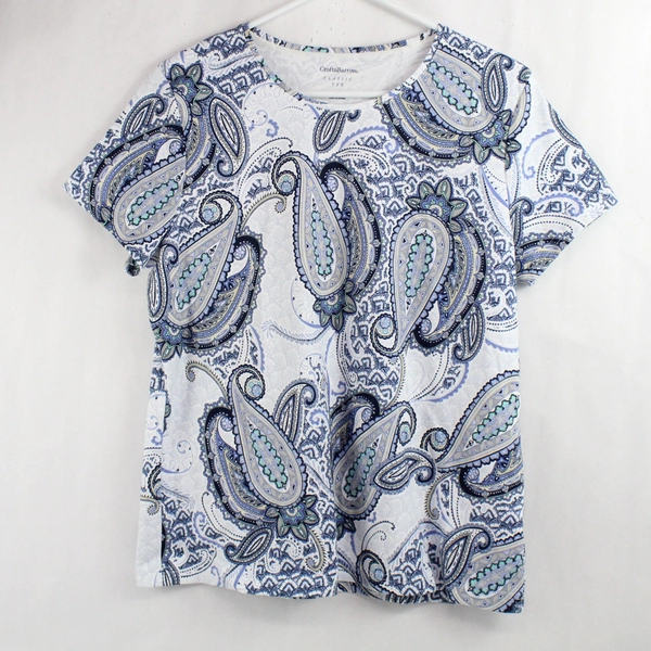 Croft & Barrow Classic Tee Blue and White Paisley Pattern T-Shirt Women's PXL