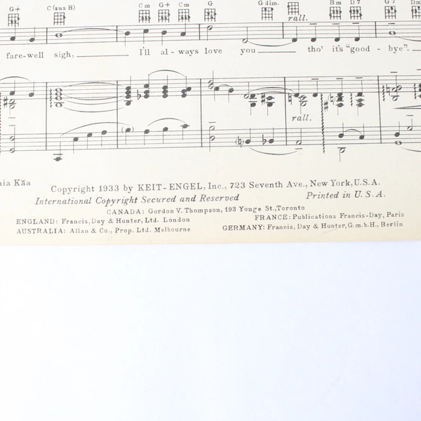 Farewell To Arms Sheet Music by Allie Wrubel Abner Silver 1933 Movie Song