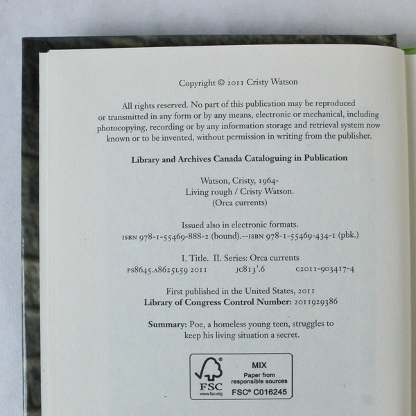 Living Rough by Cristy Watson 2011 Hardcover Good Condition Orca Books