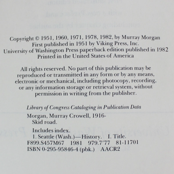 Skid Road An Informal Portrait of Seattle by Murray Morgan 1982 Paperback