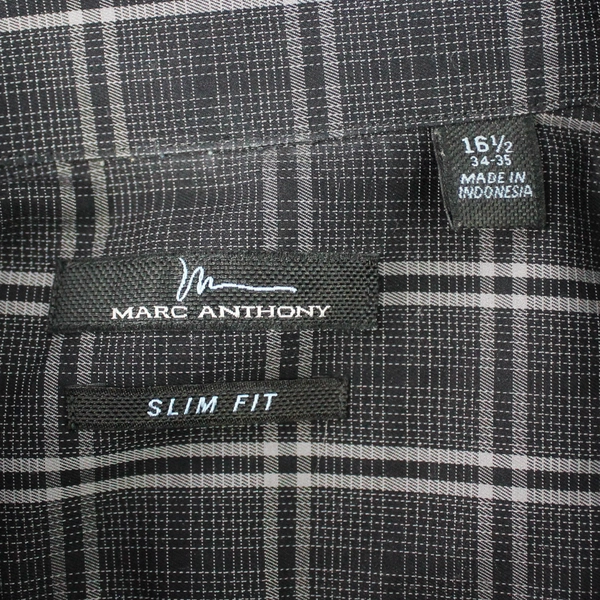Marc Anthony Slim Fit Button Up Long Sleeve Black White Gray Plaid Men's 34-35