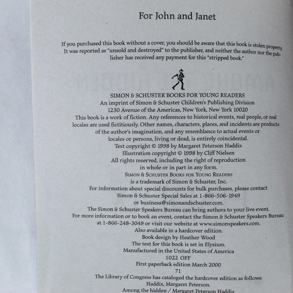 Among the Hidden by Margaret Peterson Haddix 2000 Paperback - Good Condition