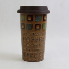 Gibson Caffè Cova Brown Ceramic Coffee Tea Cup With Silicone Lid 16 Oz