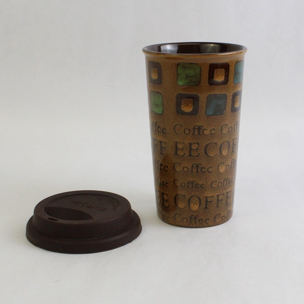 Gibson Caffè Cova Brown Ceramic Coffee Tea Cup With Silicone Lid 16 Oz