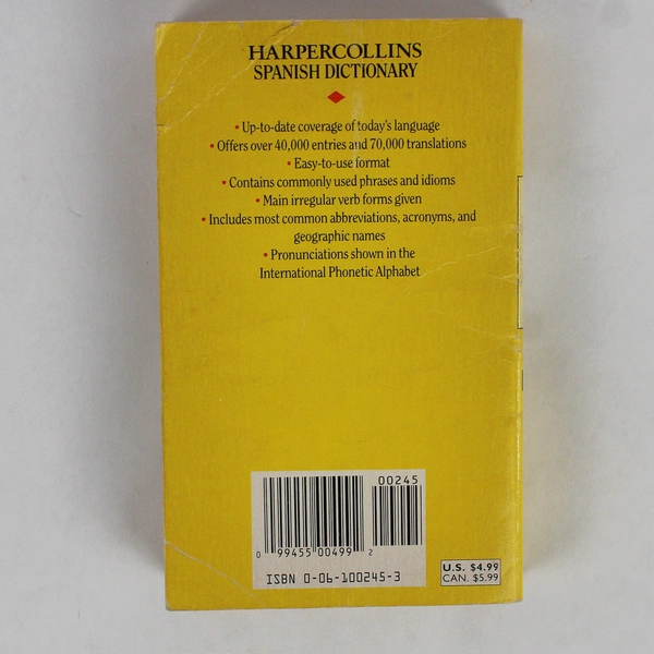 Harper Collins Spanish Dictionary 1991 Paperback Bilingual English-Spanish Book