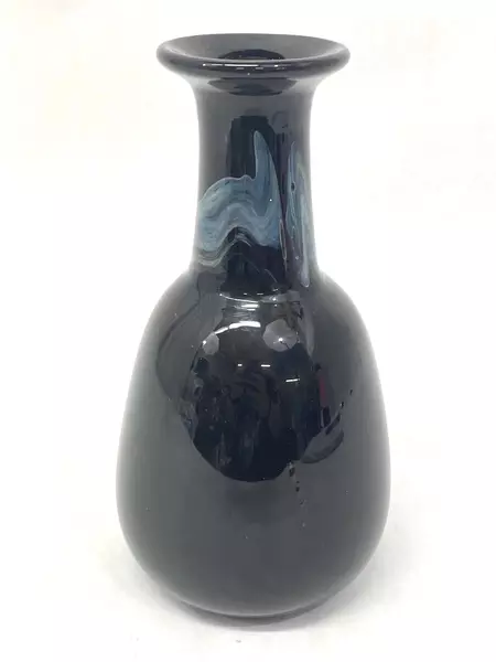 Kingwell Hand Blown Art Glass Vase Black Marbled Signed Halvarsson Flowers Plant