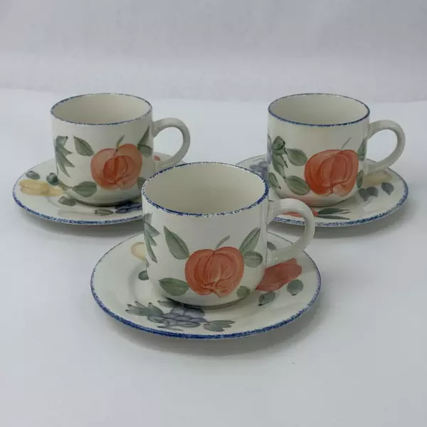 Three 1995 Sakura Sue Zipkin Orchard Valley Majesticware Stoneware Cups Saucers