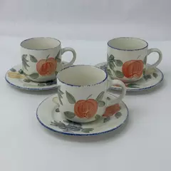 Three 1995 Sakura Sue Zipkin Orchard Valley Majesticware Stoneware Cups Saucers