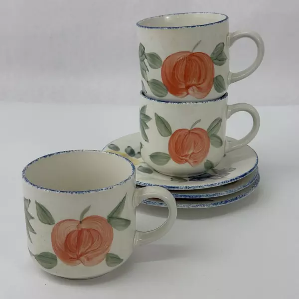 Three 1995 Sakura Sue Zipkin Orchard Valley Majesticware Stoneware Cups Saucers