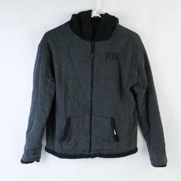 Victoria's Secret Pink Reversible Fleece Hoodie Jacket XS Gray Black Pilling