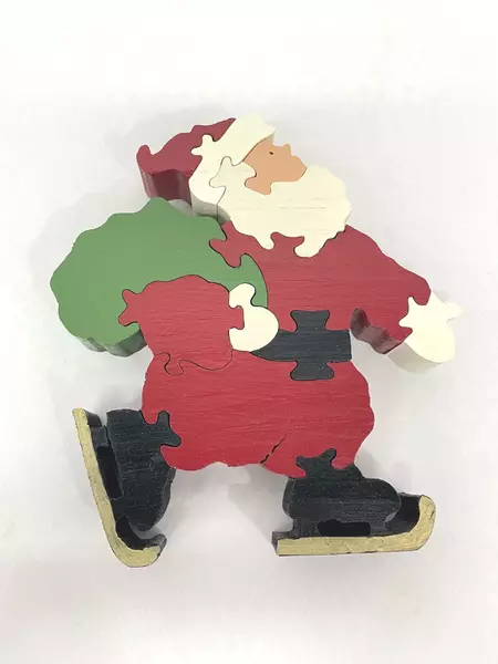 Hand Made Ice Skating Santa Claus Wood Puzzles 13 Pieces Toy Bag