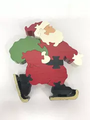 Hand Made Ice Skating Santa Claus Wood Puzzles 13 Pieces Toy Bag