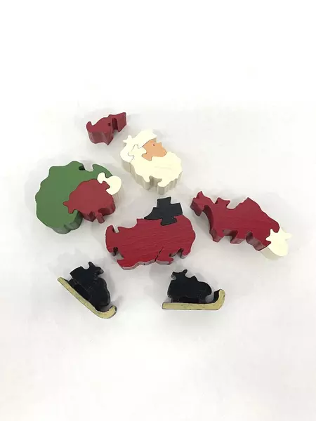 Hand Made Ice Skating Santa Claus Wood Puzzles 13 Pieces Toy Bag