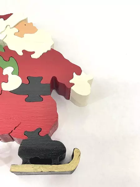 Hand Made Ice Skating Santa Claus Wood Puzzles 13 Pieces Toy Bag