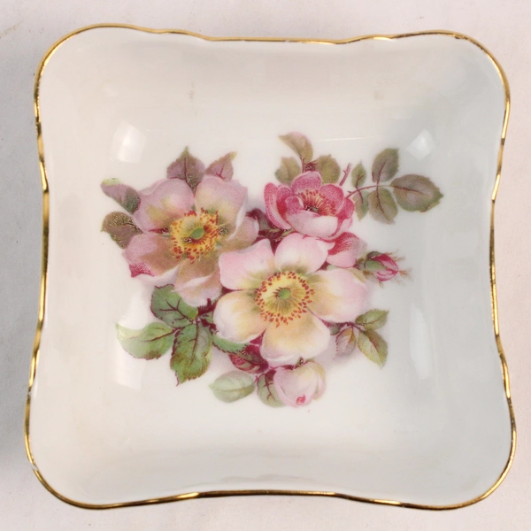 Vintage Schumann Arzberg Wild Rose Square Trinket Dish White Gold Trim