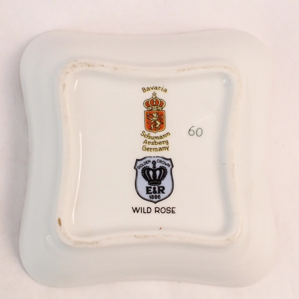 Vintage Schumann Arzberg Wild Rose Square Trinket Dish White Gold Trim