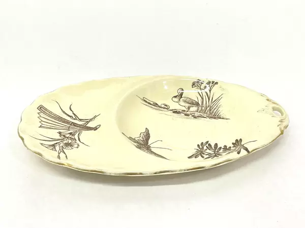 Vintage Cream Oval Tea & Snack Plate with Brown Butterfly & Duck Design