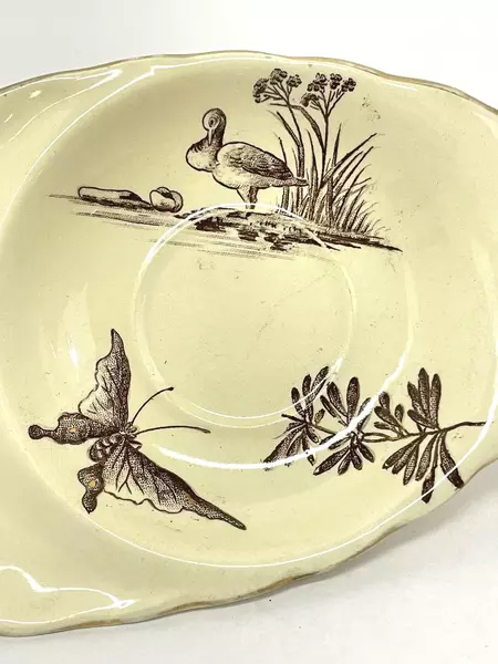 Vintage Cream Oval Tea & Snack Plate with Brown Butterfly & Duck Design