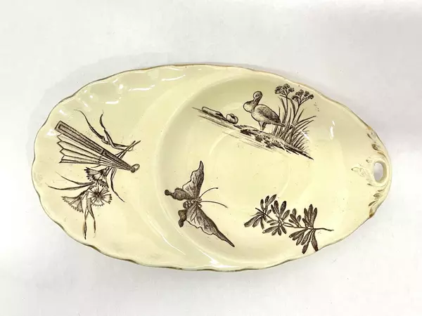 Vintage Cream Oval Tea & Snack Plate with Brown Butterfly & Duck Design