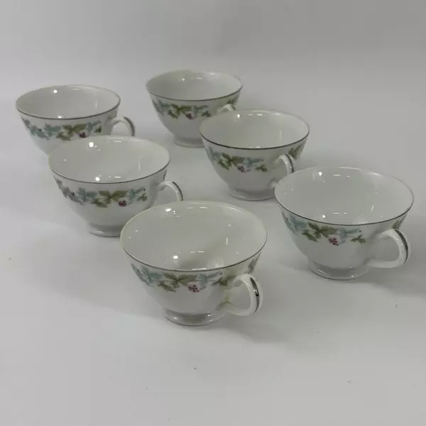 Set of 6 Fine China Of Japan Footed Coffee Cups Leaf And Berry Vintage Pattern
