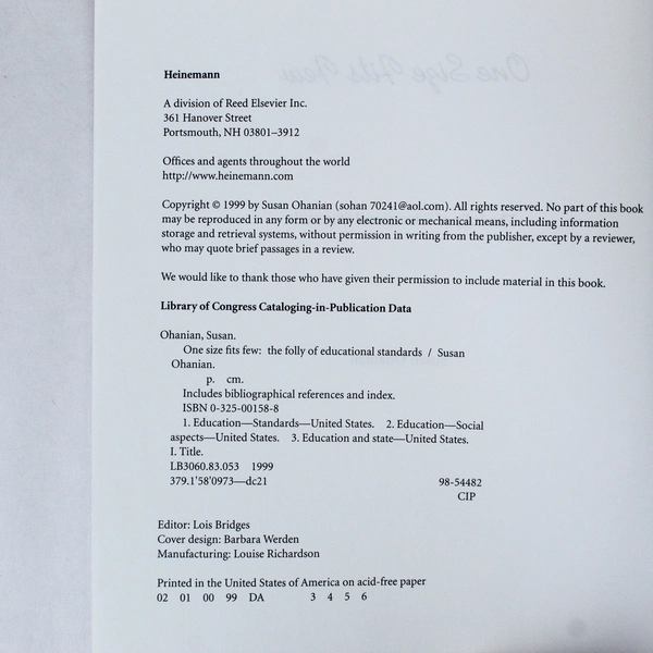 One Size Fits Few by Susan Ohanian 1999 Paperback - Good Condition