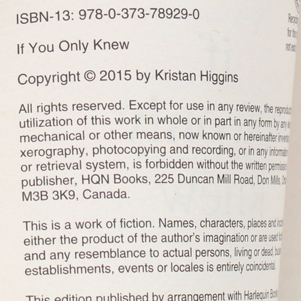 HQN Novel If You Only Knew by Kristan Higgins Paperback 2015