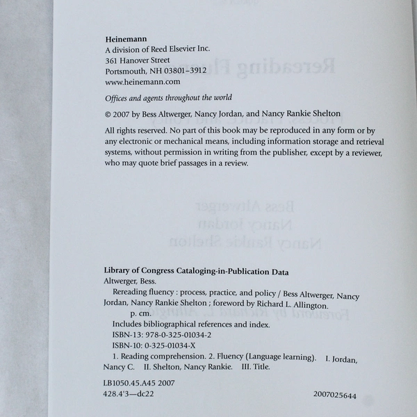 Rereading Fluency: Process, Practice and Policy by Altwerger, Jordan, Shelton PB