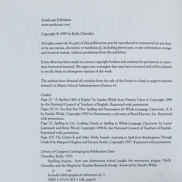 Spelling Inquiry by Kelly Chandler 1999 Paperback - Good Condition, Education