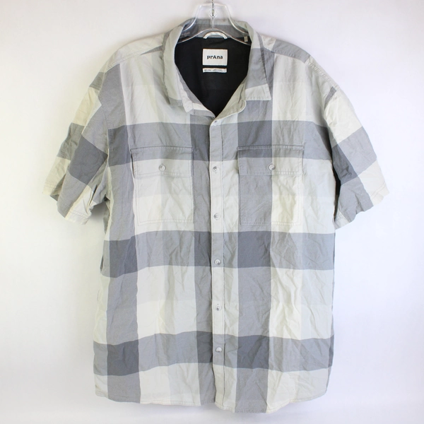 prAna Light Gray Gingham Short-Sleeved Button-Up Vented Shirt Men's Size 2XL