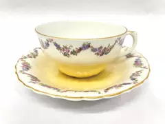 Vtg Merkelsgrun Porcelain Tea Cup And Saucer White And Yellow Floral Wreath 