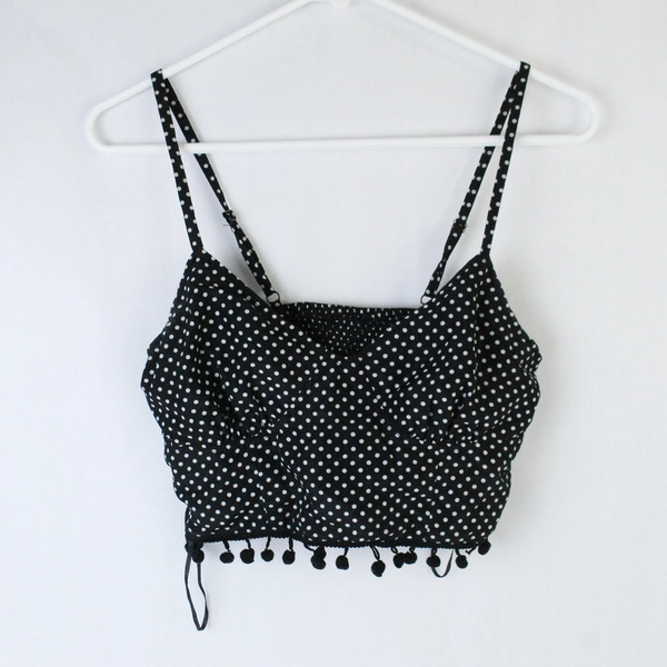 En Creme Crop Top Tank Tasseled Hem Black White Dots Size Small Elastic Back