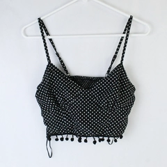 En Creme Crop Top Tank Tasseled Hem Black White Dots Size Small Elastic Back