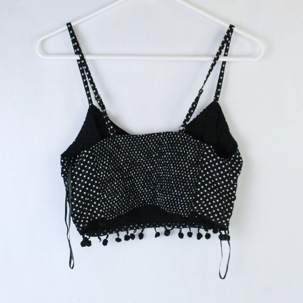 En Creme Crop Top Tank Tasseled Hem Black White Dots Size Small Elastic Back