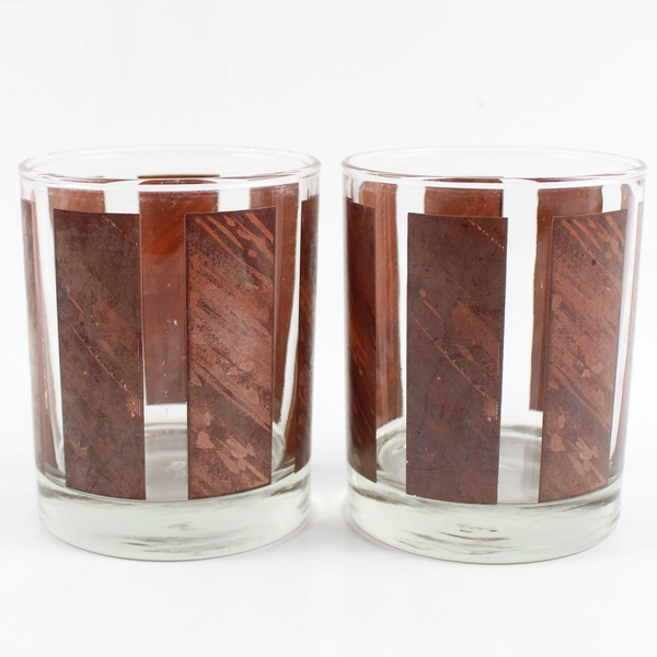 Set Of 2 Vintage Libbey Brown Wood Grain Panel Old Fashioned Glasses 4 Inch