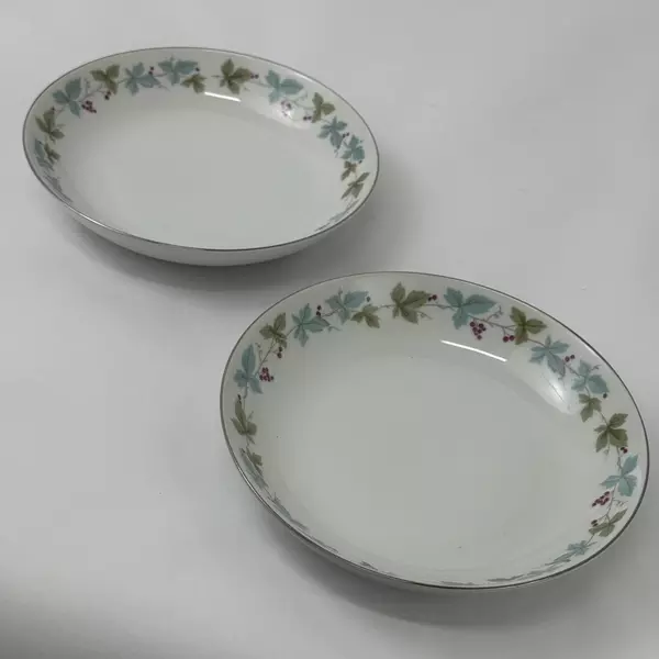 2 Vintage Fine China of Japan Cereal Bowls 7.5" Blue Leaf Berry Silver Trim