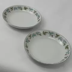 2 Vintage Fine China of Japan Cereal Bowls 7.5" Blue Leaf Berry Silver Trim