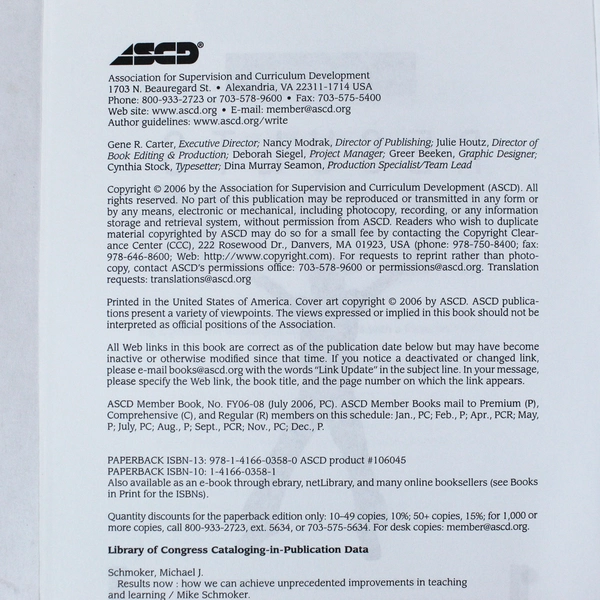 Results Now by Mike Schmoker 2006 Paperback - Good Pre-Owned Condition