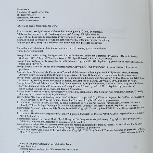 Reading Process & Practice by Constance Weaver, 3rd Edition, 2002 Paperback